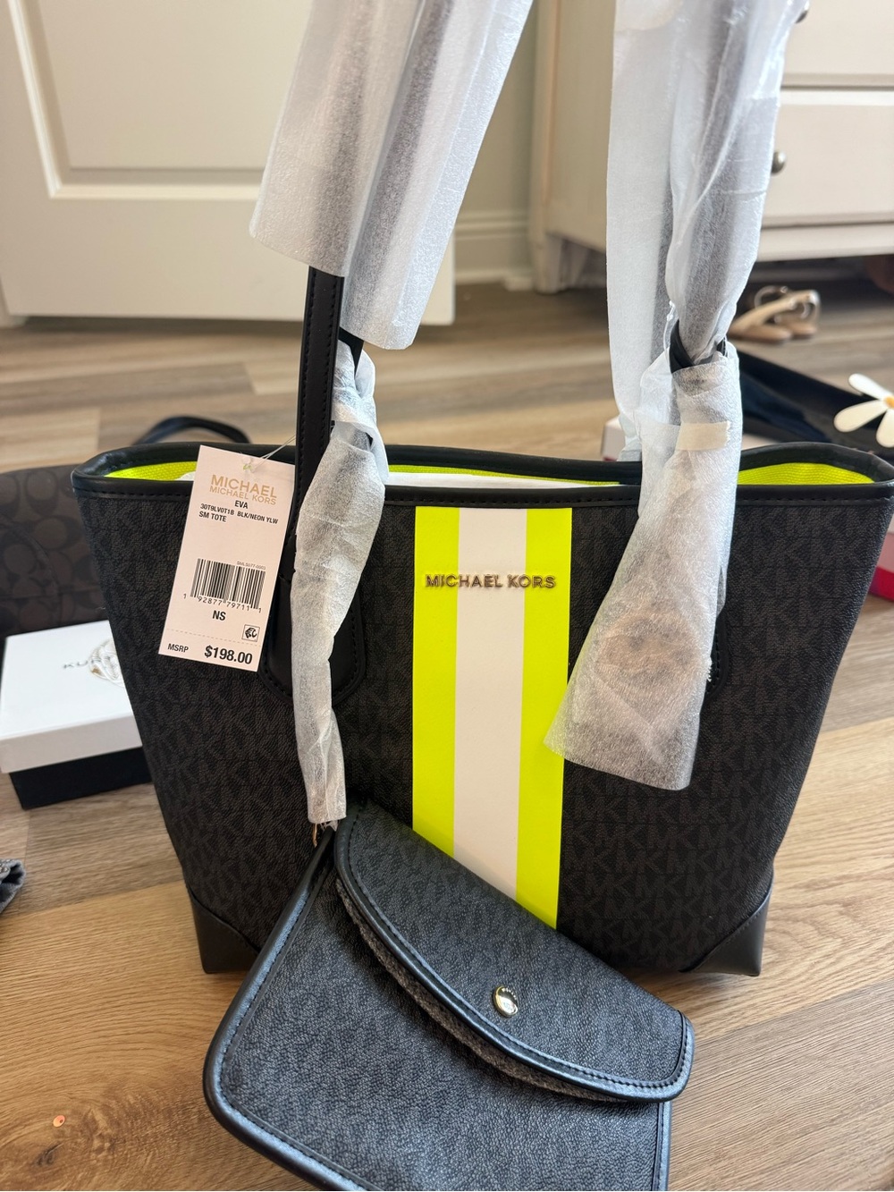 Michael Kors Black Tote with Neon Yellow and White Center Stripe